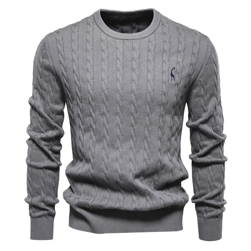 Herren Rundhals-Pullover mit Zopfmuster und Giraffenstickerei